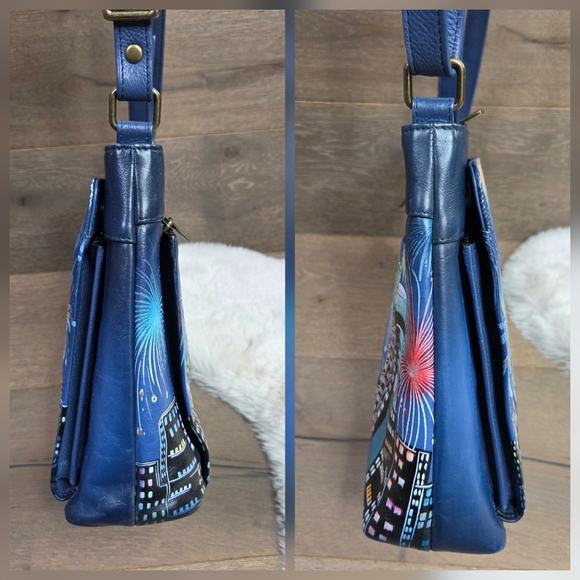 Anuschka Hand Painted Lady Liberty Statue Blue New York Cityscape Crossbody Bag - Picture 3 of 16